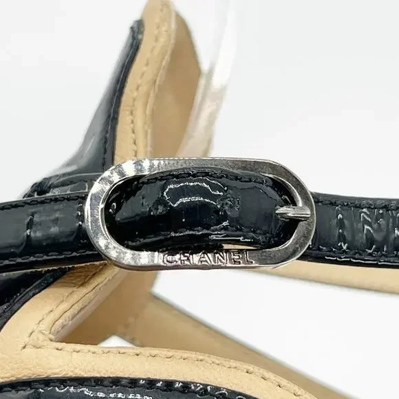 Chanel Vintage Beige Black Patent Leather Cap Toe CC Logo Strappy Heels EU 40 - Picture 13 of 16